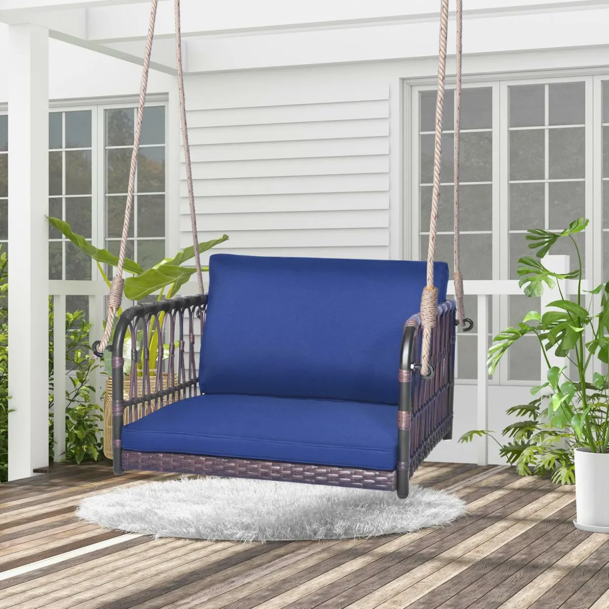 Tangkula Patio Rattan Porch Swing, Single Person Hanging Seat with Seat & Back Cushions