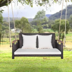 Tangkula Patio Rattan Porch Swing, 2-Person Hanging Chair with Seat & Back Cushions