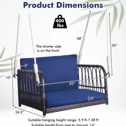 Tangkula Patio Rattan Porch Swing, Single Person Hanging Seat with Seat & Back Cushions