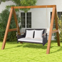 Tangkula Patio Rattan Porch Swing, 2-Person Hanging Chair with Seat & Back Cushions