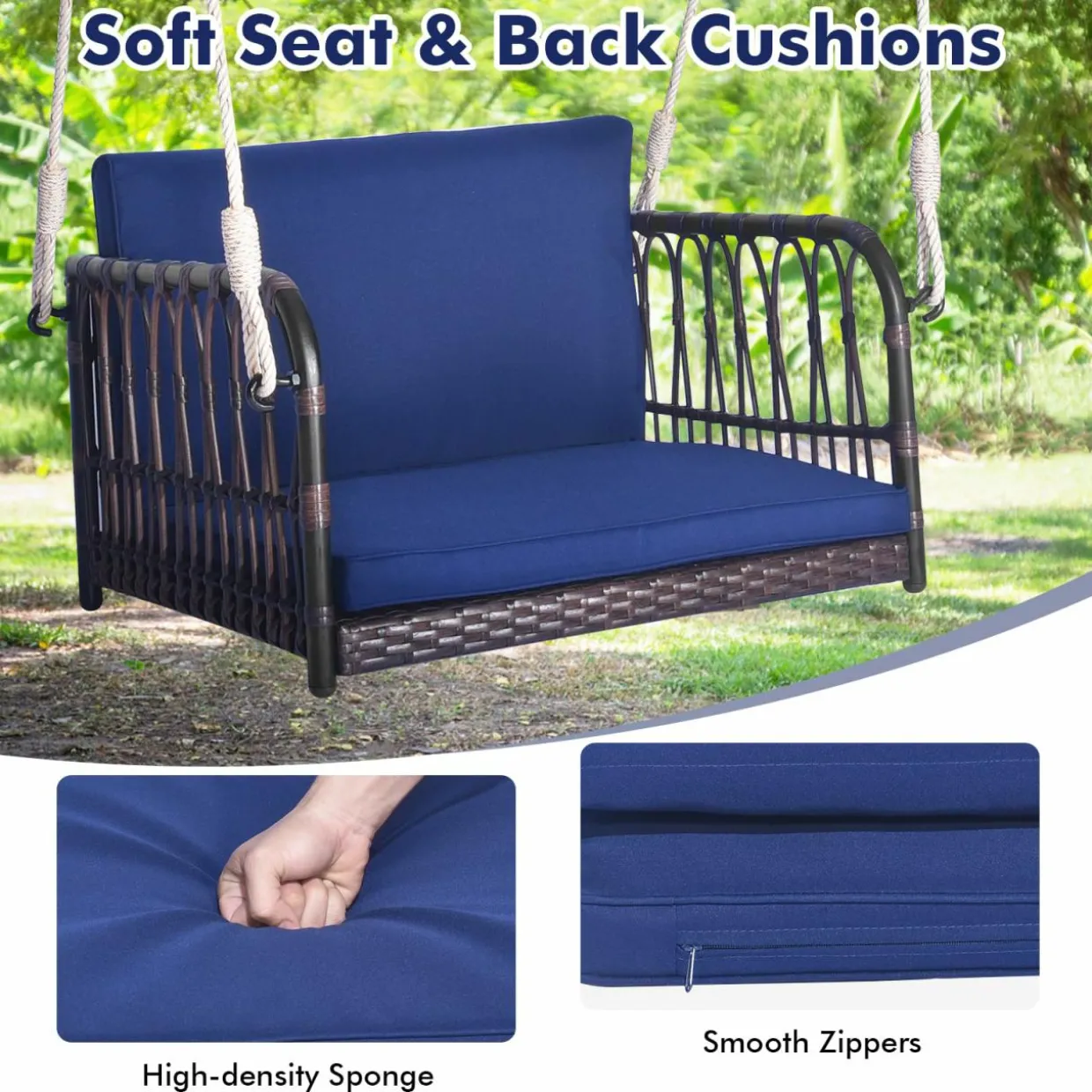 Tangkula Patio Rattan Porch Swing, Single Person Hanging Seat with Seat & Back Cushions