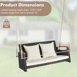 Tangkula Patio Rattan Porch Swing, 2-Person Hanging Chair with Seat & Back Cushions