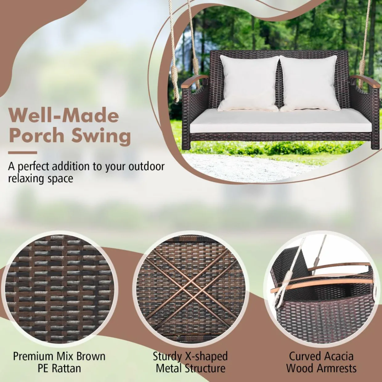 Tangkula Patio Rattan Porch Swing, 2-Person Hanging Chair with Seat & Back Cushions