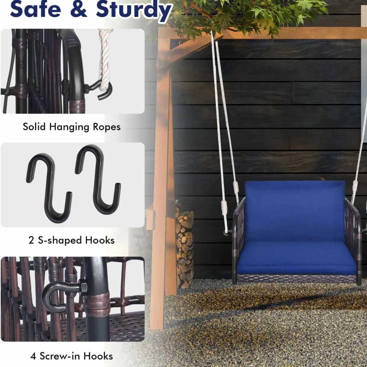 Tangkula Patio Rattan Porch Swing, Single Person Hanging Seat with Seat & Back Cushions