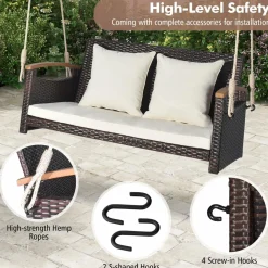 Tangkula Patio Rattan Porch Swing, 2-Person Hanging Chair with Seat & Back Cushions