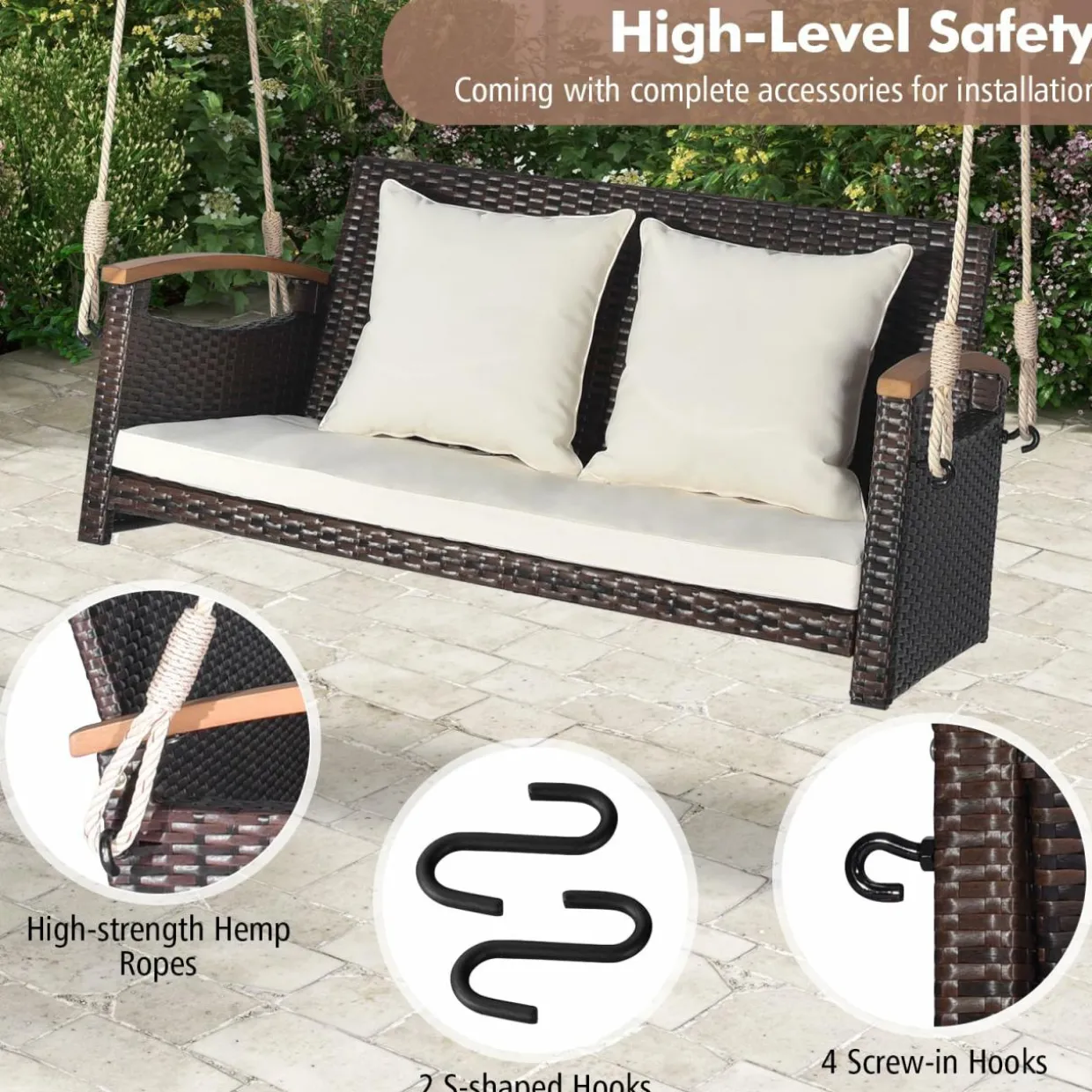 Tangkula Patio Rattan Porch Swing, 2-Person Hanging Chair with Seat & Back Cushions