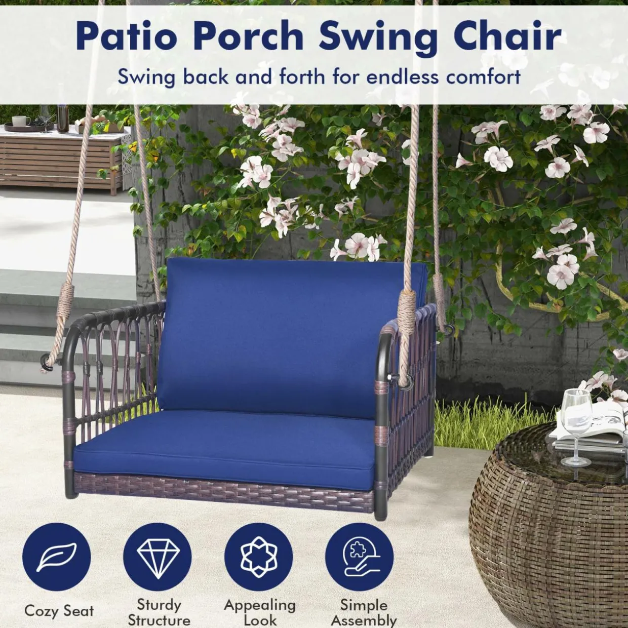Tangkula Patio Rattan Porch Swing, Single Person Hanging Seat with Seat & Back Cushions