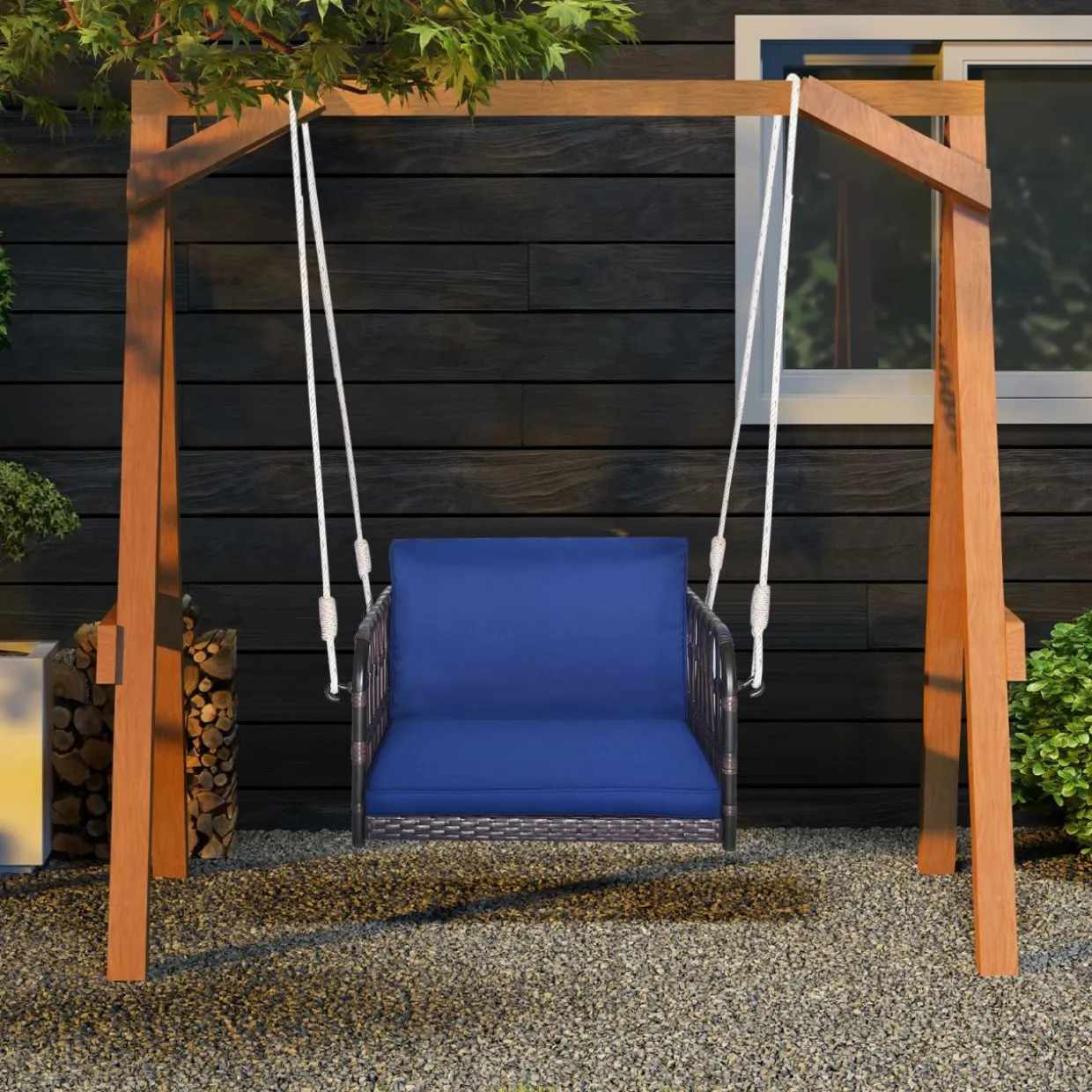 Tangkula Patio Rattan Porch Swing, Single Person Hanging Seat with Seat & Back Cushions