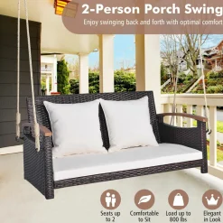 Tangkula Patio Rattan Porch Swing, 2-Person Hanging Chair with Seat & Back Cushions