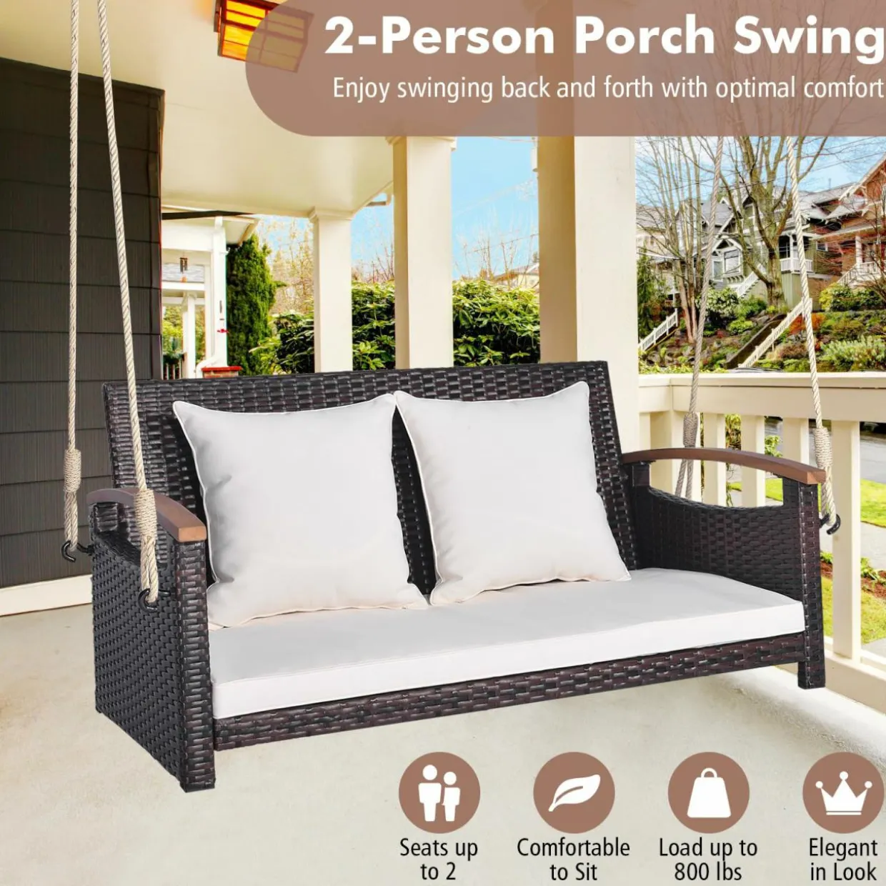Tangkula Patio Rattan Porch Swing, 2-Person Hanging Chair with Seat & Back Cushions