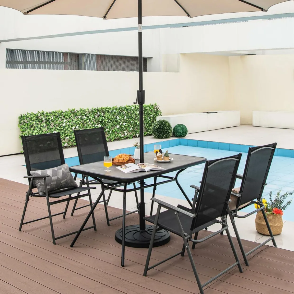 Tangkula Patio Rectangle Dining Table, 49"x 29.5"Outdoor Table with Umbrella Hole