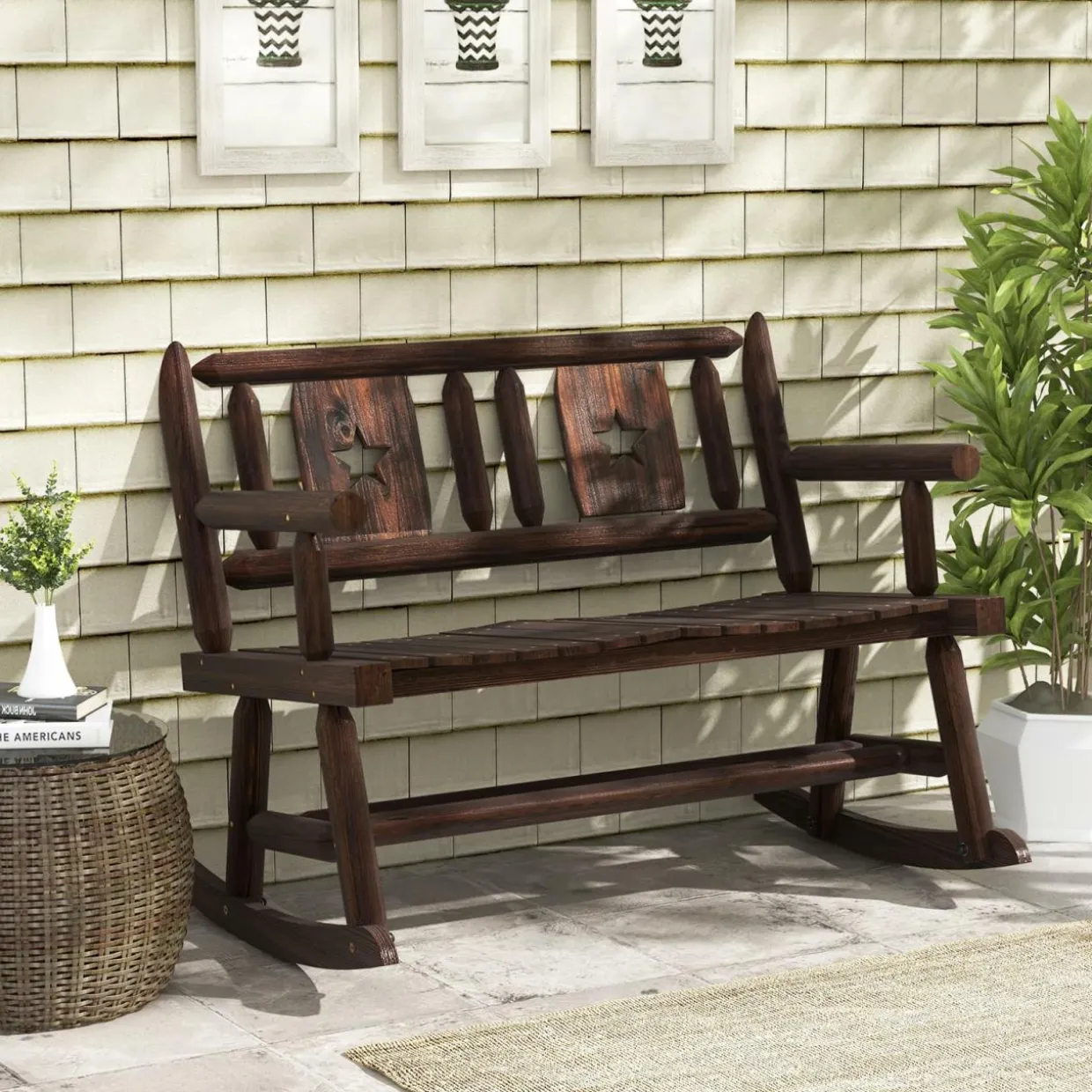 Tangkula Patio Rocking Bench, Carbonized Wood Double Rocker Chair with Ergonomic Seat