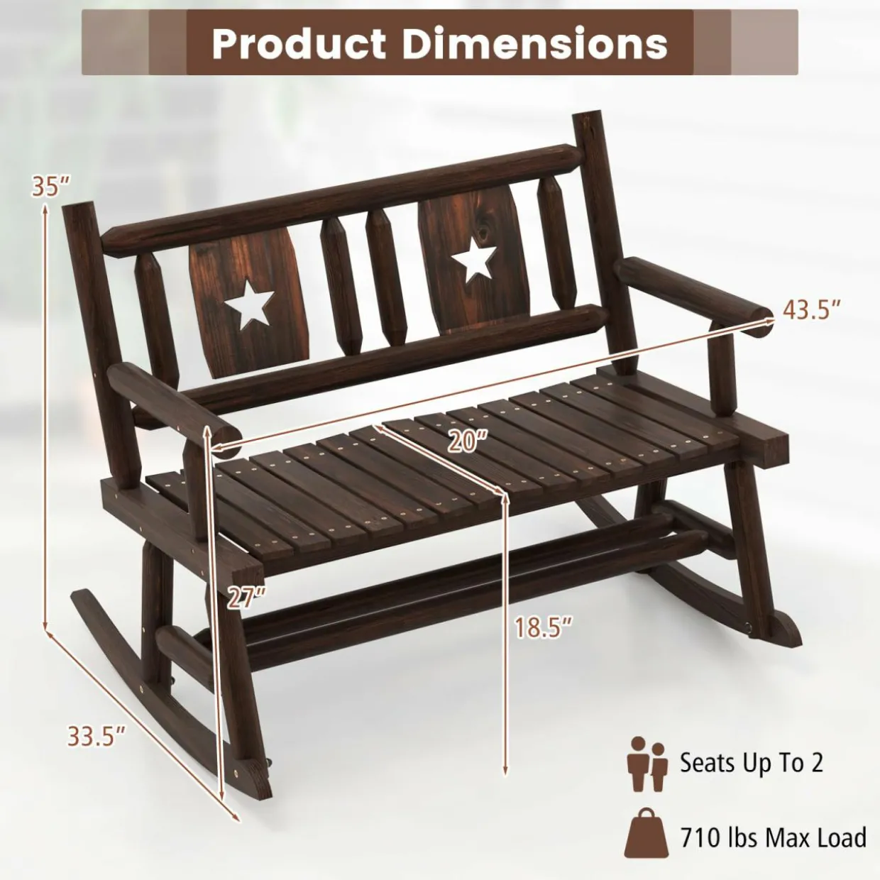 Tangkula Patio Rocking Bench, Carbonized Wood Double Rocker Chair with Ergonomic Seat
