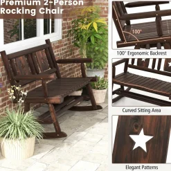 Tangkula Patio Rocking Bench, Carbonized Wood Double Rocker Chair with Ergonomic Seat
