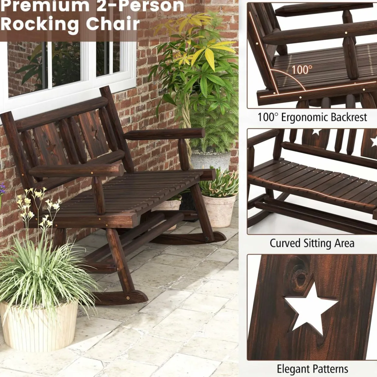 Tangkula Patio Rocking Bench, Carbonized Wood Double Rocker Chair with Ergonomic Seat