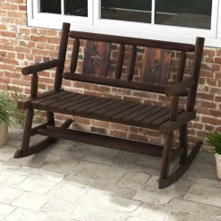 Tangkula Patio Rocking Bench, Carbonized Wood Double Rocker Chair with Ergonomic Seat
