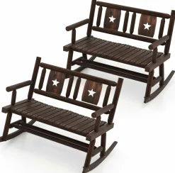 Tangkula Patio Rocking Bench, Carbonized Wood Double Rocker Chair with Ergonomic Seat