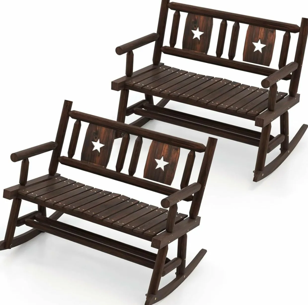 Tangkula Patio Rocking Bench, Carbonized Wood Double Rocker Chair with Ergonomic Seat