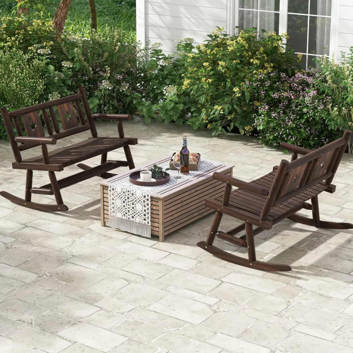 Tangkula Patio Rocking Bench, Carbonized Wood Double Rocker Chair with Ergonomic Seat