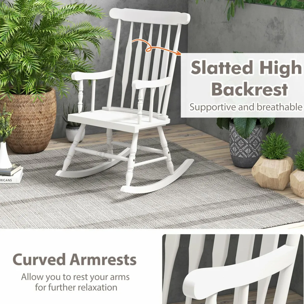 Tangkula Patio Rocking Chair Solid Wood, Outdoor Porch Rocker Chair, Ideal for Garden, Backyard & Balcony