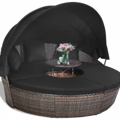 Tangkula Patio Round Daybed with Retractable Canopy, Outdoor Wicker Rattan Furniture Sets