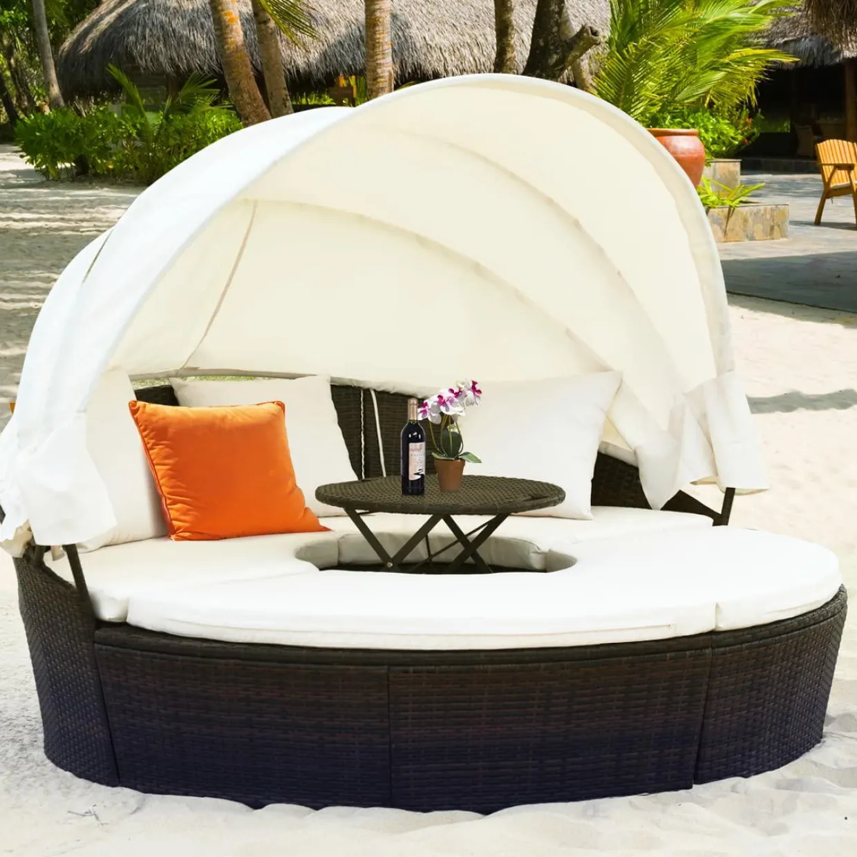Tangkula Patio Round Daybed with Retractable Canopy, Outdoor Wicker Rattan Furniture Sets