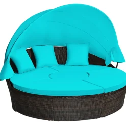 Tangkula Patio Round Daybed with Retractable Canopy, Outdoor Wicker Rattan Furniture Sets