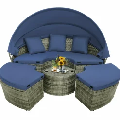 Tangkula Patio Round Daybed with Retractable Canopy, Outdoor Wicker Rattan Furniture Sets