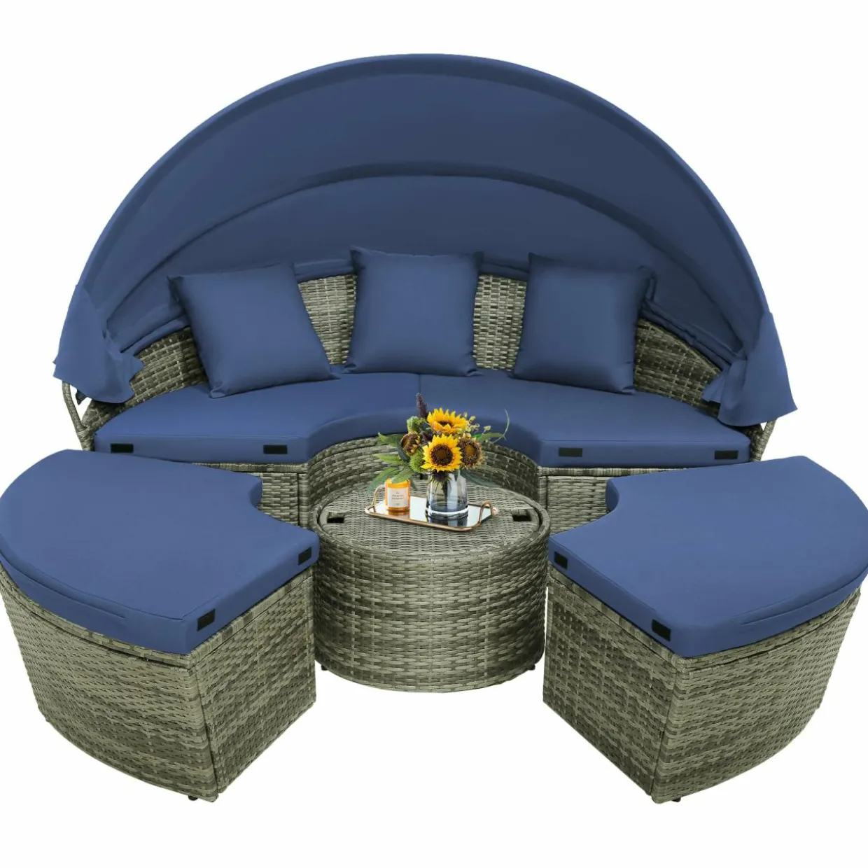 Tangkula Patio Round Daybed with Retractable Canopy, Outdoor Wicker Rattan Furniture Sets