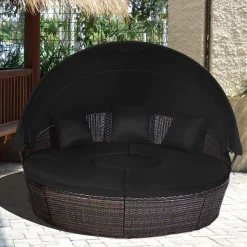 Tangkula Patio Round Daybed with Retractable Canopy, Outdoor Wicker Rattan Furniture Sets