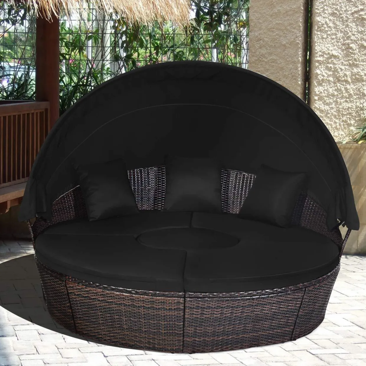 Tangkula Patio Round Daybed with Retractable Canopy, Outdoor Wicker Rattan Furniture Sets