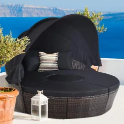 Tangkula Patio Round Daybed with Retractable Canopy, Outdoor Wicker Rattan Furniture Sets