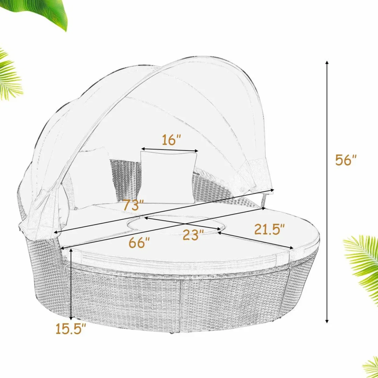 Tangkula Patio Round Daybed with Retractable Canopy, Outdoor Wicker Rattan Furniture Sets