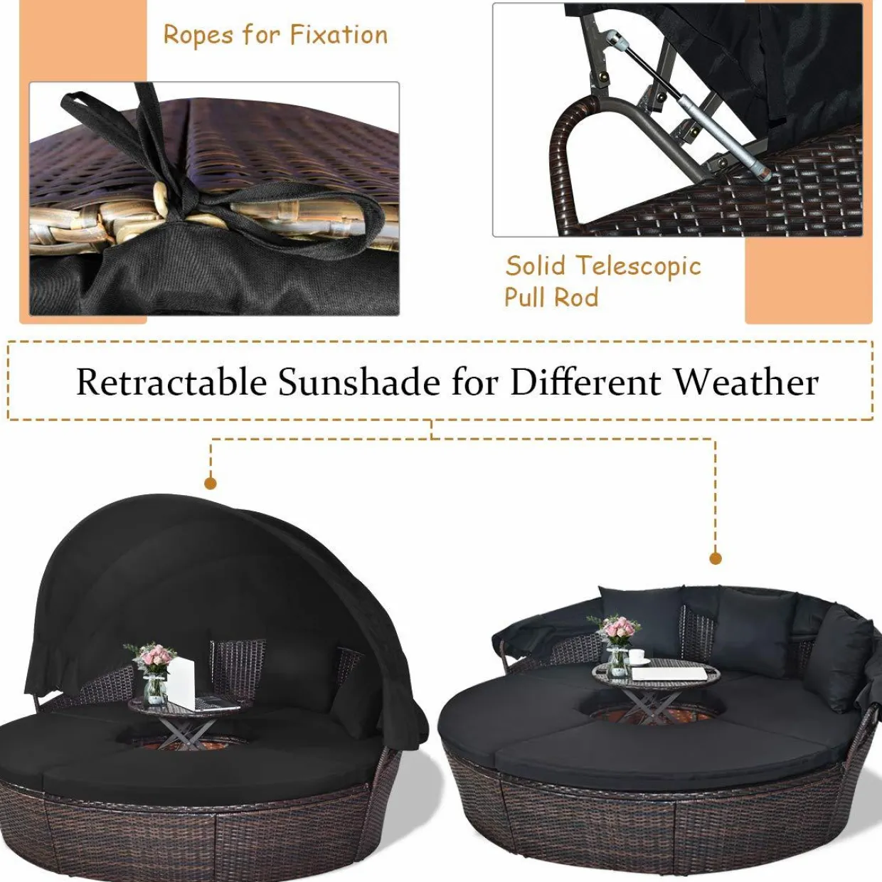 Tangkula Patio Round Daybed with Retractable Canopy, Outdoor Wicker Rattan Furniture Sets