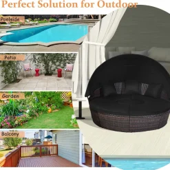 Tangkula Patio Round Daybed with Retractable Canopy, Outdoor Wicker Rattan Furniture Sets