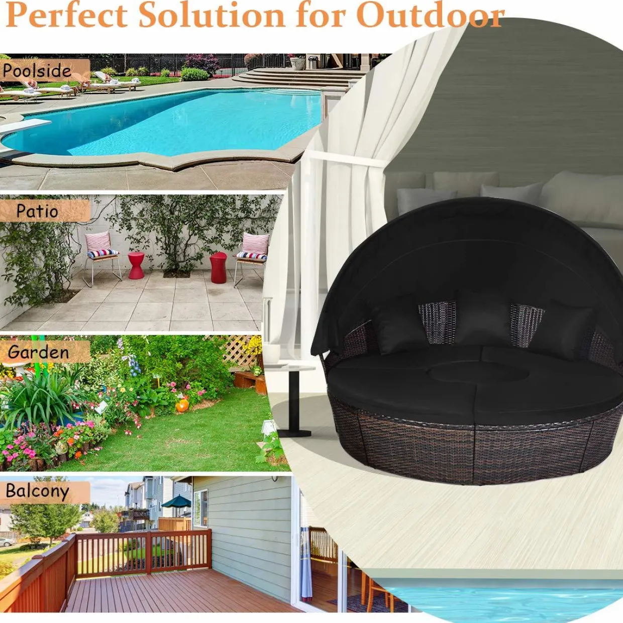 Tangkula Patio Round Daybed with Retractable Canopy, Outdoor Wicker Rattan Furniture Sets