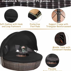 Tangkula Patio Round Daybed with Retractable Canopy, Outdoor Wicker Rattan Furniture Sets