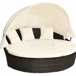 Tangkula Patio Round Daybed with Retractable Canopy, Outdoor Wicker Rattan Furniture Sets