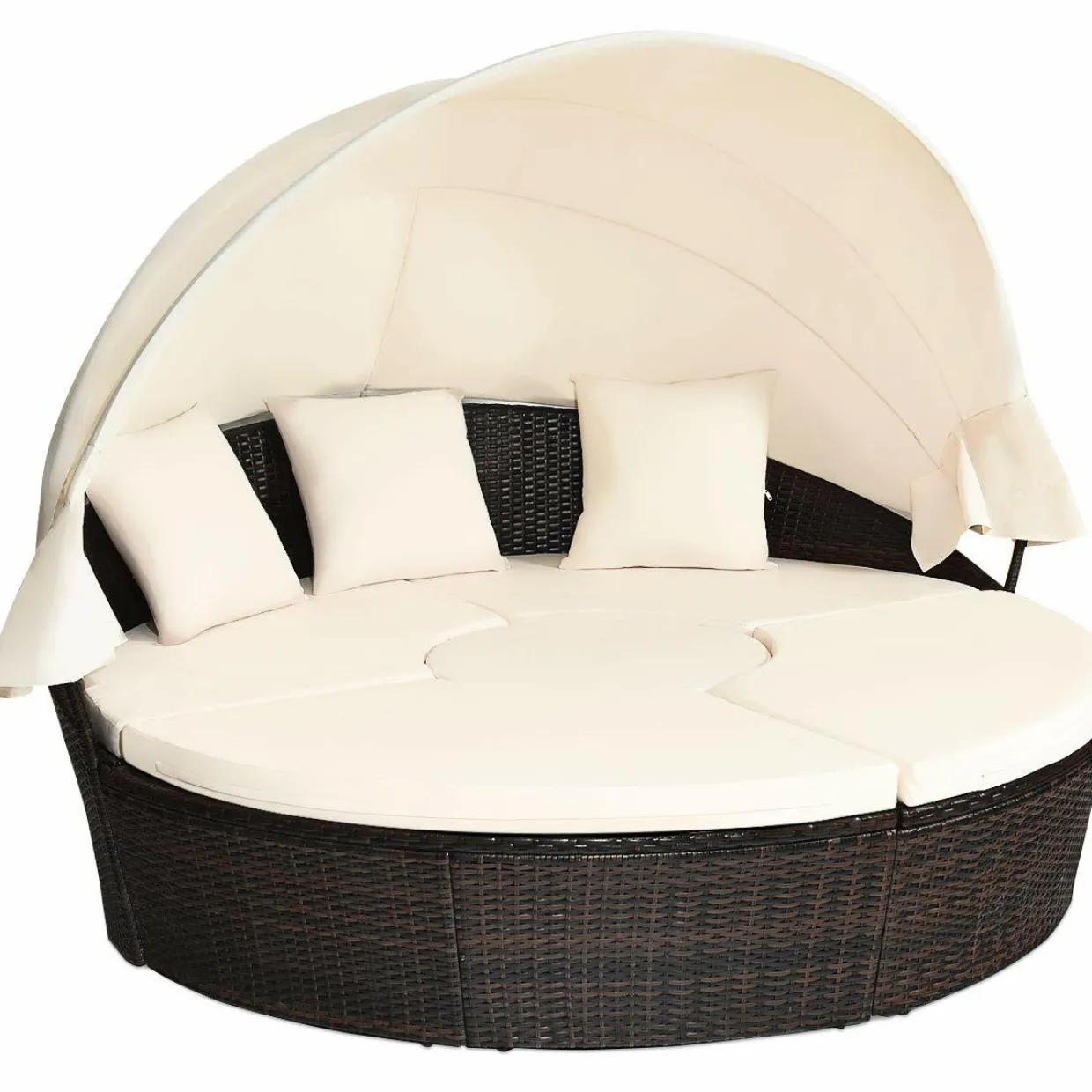 Tangkula Patio Round Daybed with Retractable Canopy, Outdoor Wicker Rattan Furniture Sets