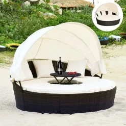 Tangkula Patio Round Daybed with Retractable Canopy, Outdoor Wicker Rattan Furniture Sets