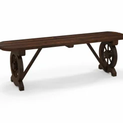 Tangkula Patio Rustic Wood Bench, Carbonized Wood Long Bench with Wagon Wheel Base, Slatted Seat Design