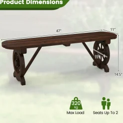 Tangkula Patio Rustic Wood Bench, Carbonized Wood Long Bench with Wagon Wheel Base, Slatted Seat Design