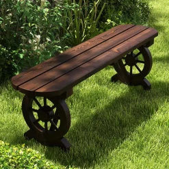 Tangkula Patio Rustic Wood Bench, Carbonized Wood Long Bench with Wagon Wheel Base, Slatted Seat Design