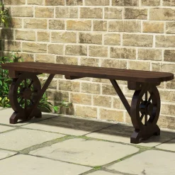 Tangkula Patio Rustic Wood Bench, Carbonized Wood Long Bench with Wagon Wheel Base, Slatted Seat Design