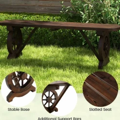 Tangkula Patio Rustic Wood Bench, Carbonized Wood Long Bench with Wagon Wheel Base, Slatted Seat Design