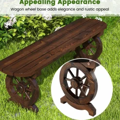 Tangkula Patio Rustic Wood Bench, Carbonized Wood Long Bench with Wagon Wheel Base, Slatted Seat Design