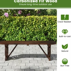 Tangkula Patio Rustic Wood Bench, Carbonized Wood Long Bench with Wagon Wheel Base, Slatted Seat Design