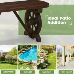 Tangkula Patio Rustic Wood Bench, Carbonized Wood Long Bench with Wagon Wheel Base, Slatted Seat Design