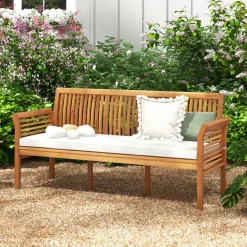 Tangkula Patio 3-Seat Wood Bench, 62.5 Inches Long Acacia Bench with Soft Seat Cushions