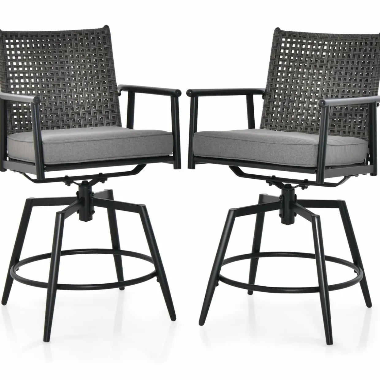 Tangkula Patio Swivel Bar Stools Set of 2, Outdoor Counter Height Bar Chairs with PE Rattan Back